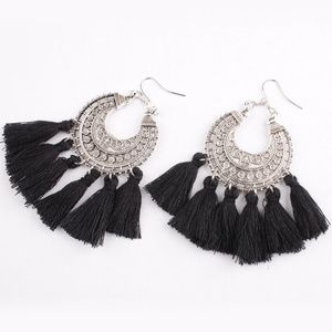 Black & Silver Boho Festival Tassel Earrings